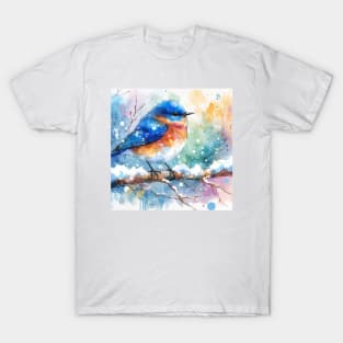 Colorful little blue bird sitting on a tree branch T-Shirt